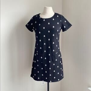 YUMI Mini Dress Womens Sz Medium Black Sailboat Print Nautical Short Sleeve